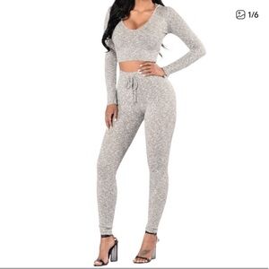 Fashion Nova Women’s Heather Gray Knit Pants And Hooded Knitted Crop Top